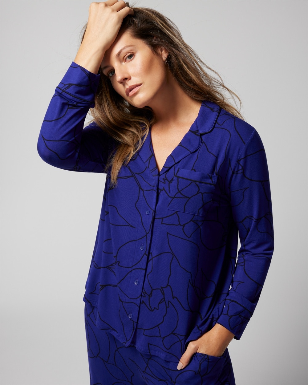 Shop Soma Women's Cool Nights Long Sleeve Notch Collar Pajama Top In Indigo Size Small |