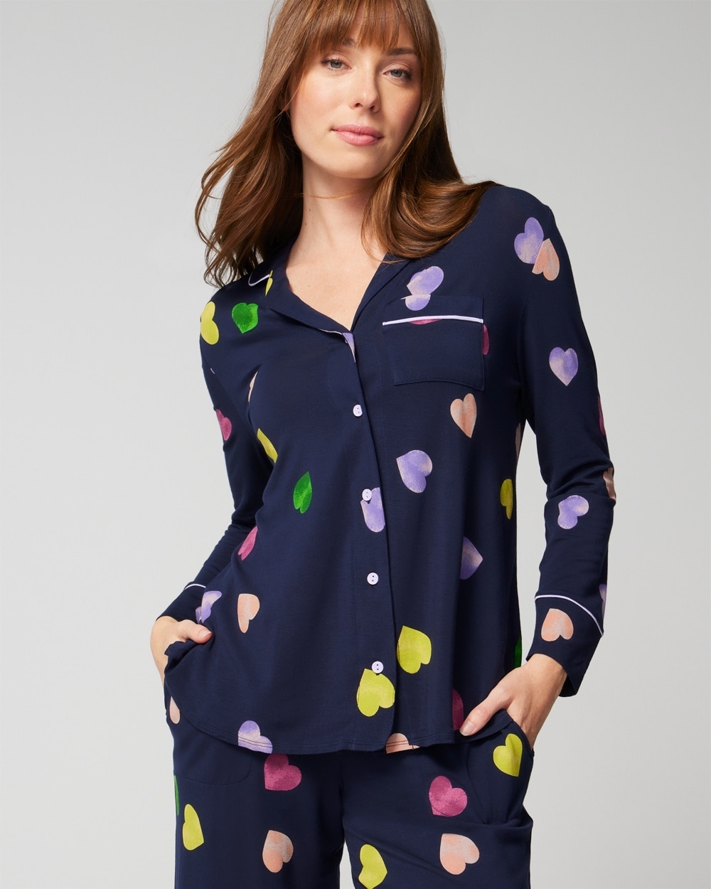 Soma Women's Cool Nights Long Sleeve Notch Collar Pajama Top In Navy With Hearts Size Small |  In Cross My Heart G Navy
