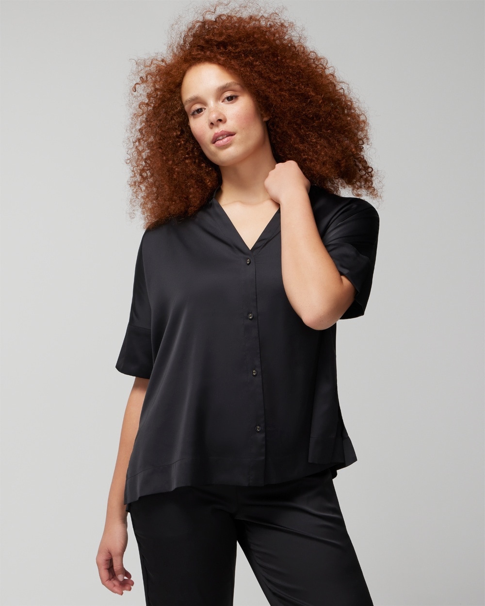 Soma Women's Satin Drop Shoulder Button-up Top In Black Size Medium |