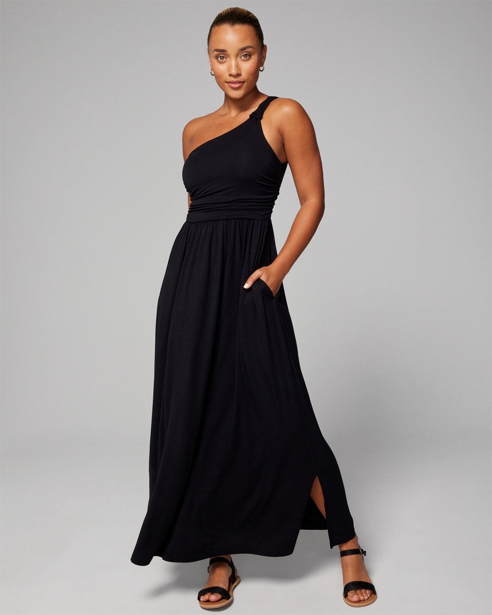 Soma Women's Soft Jersey One-shoulder Knot Maxi Bra Dress In Black Size Medium |