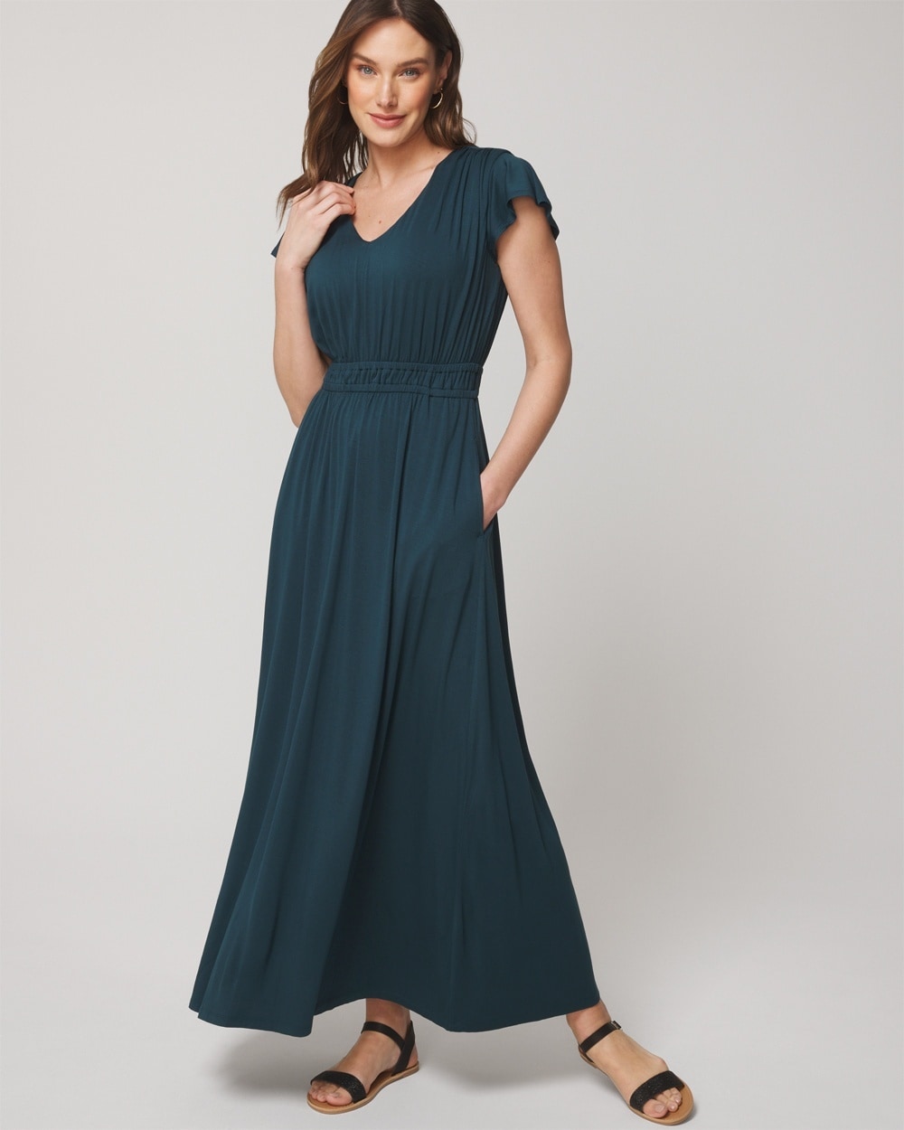 Soma Women's Soft Jersey Flutter Sleeve Maxi Sundress With Built-in Bra In Teal Size Small |  In Dark Harbour