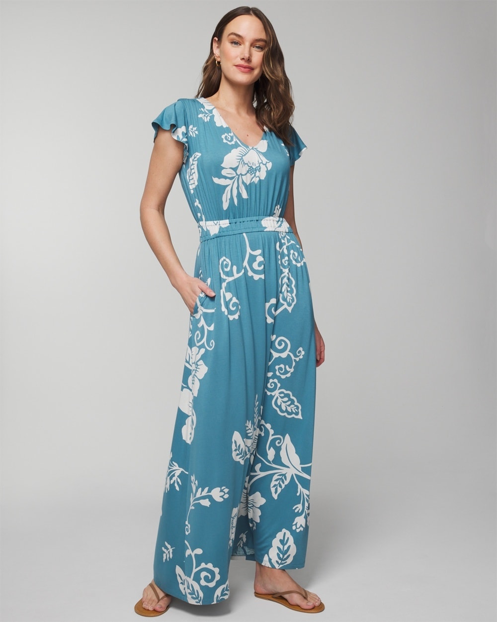 Shop Soma Women's Soft Jersey Flutter Sleeve Maxi Bra Dress In Blue Floral Size Xs |  In Garden Tapestry G Blue